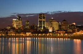 montreal skyline night river reflection