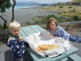 Sausages and chips with a view