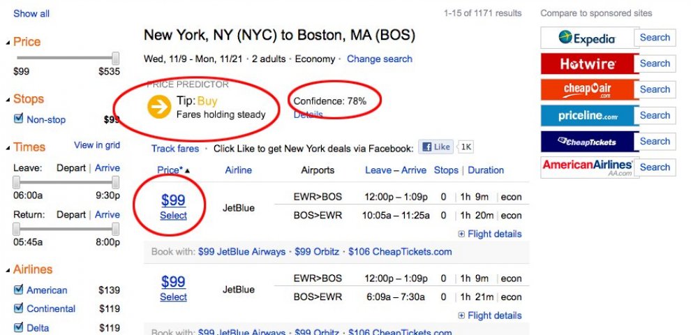 Travel fares Bing